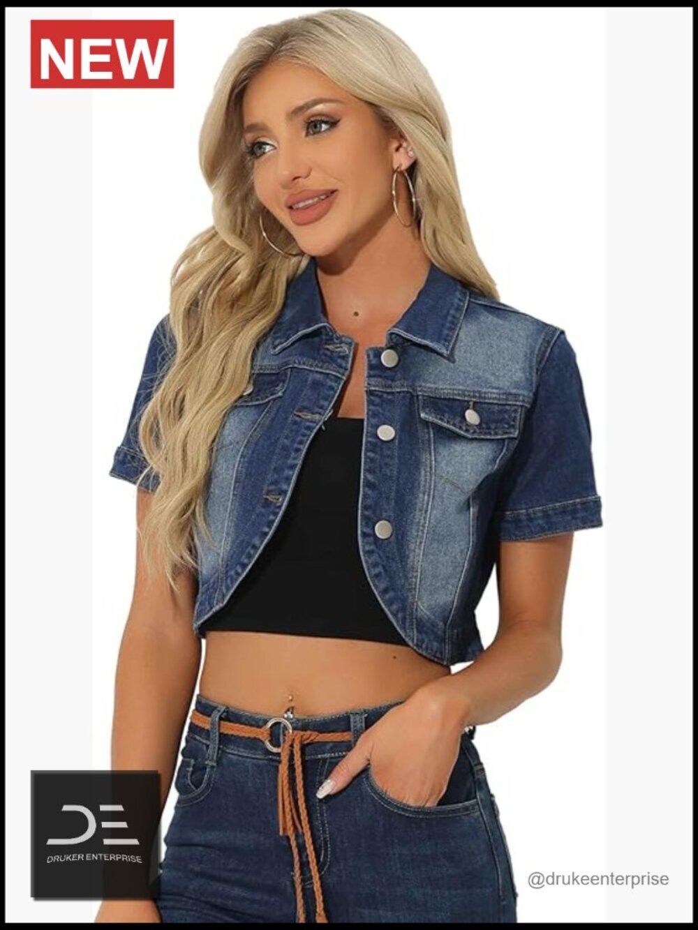 Crop Denim Jacket with Turndown Collar Short Sleeves